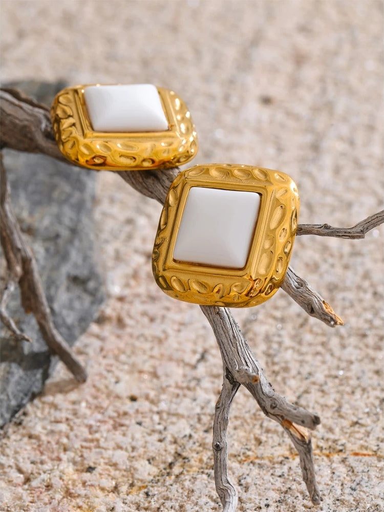 White natural stone square stud earrings - product image