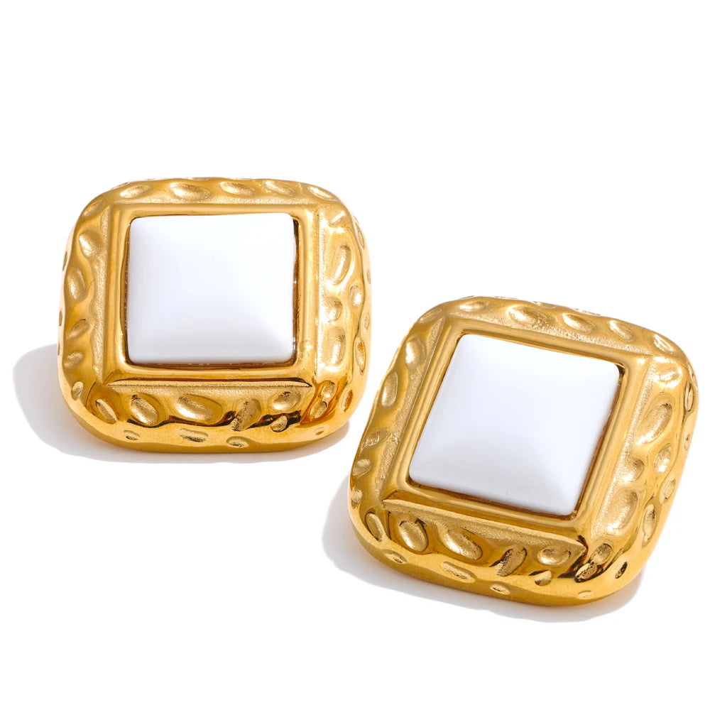 White natural stone square stud earrings - product image