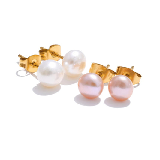 White pink natural freshwater pearl stud earrings - product image