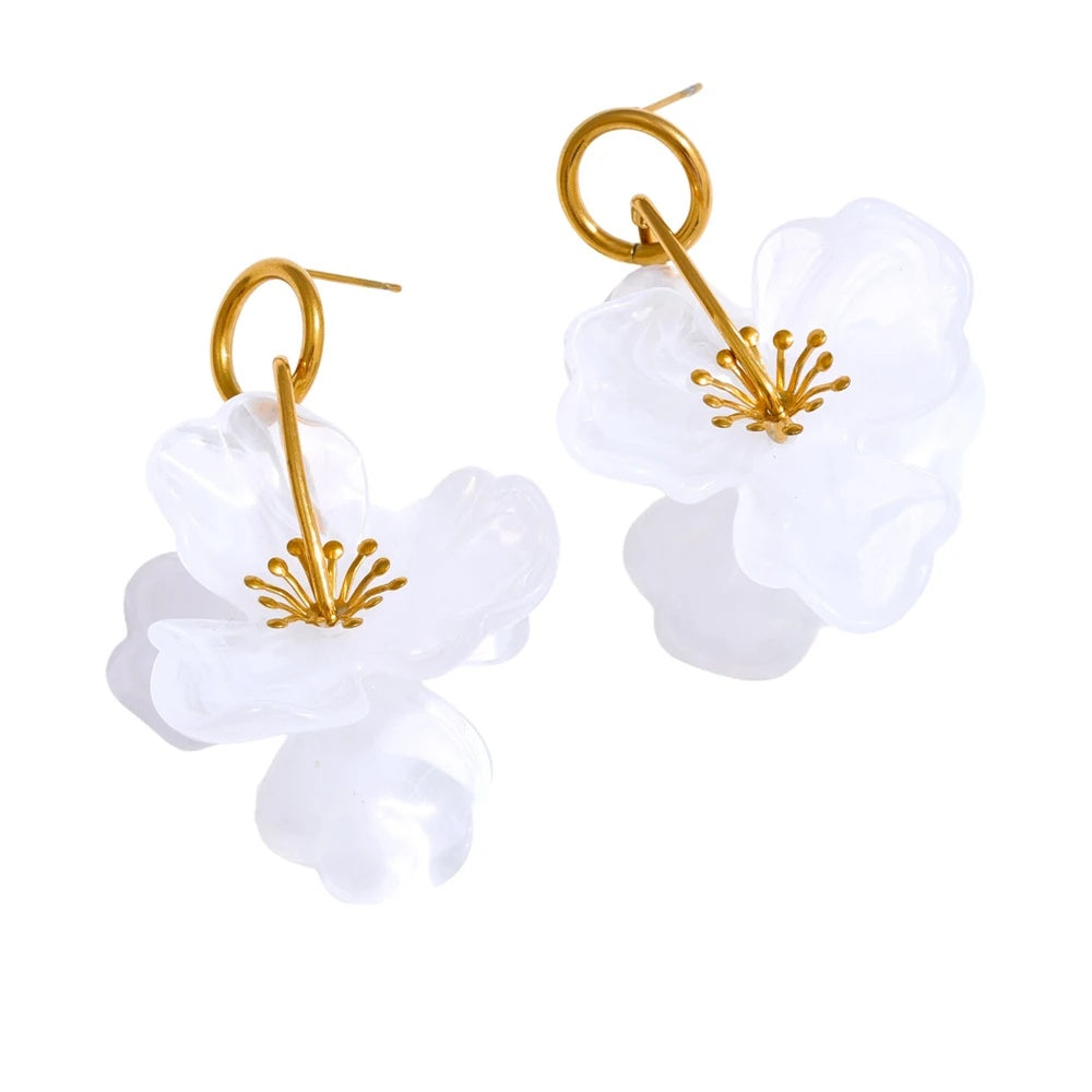 White resin flower dangle summer earrings - product image