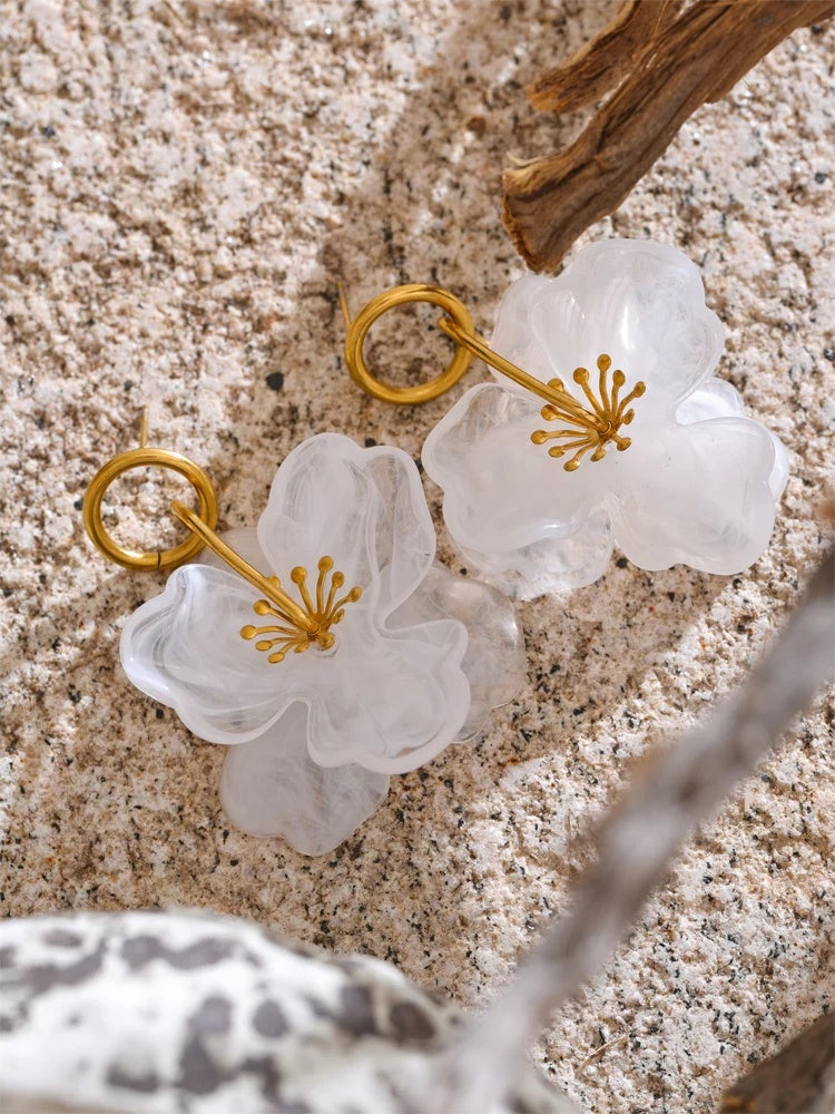 White resin flower dangle summer earrings - product image