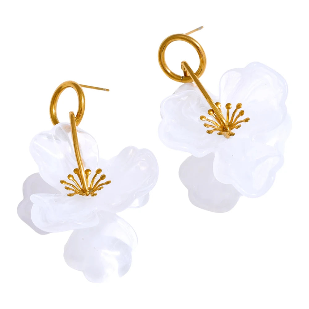 White resin flower dangle summer earrings - product image