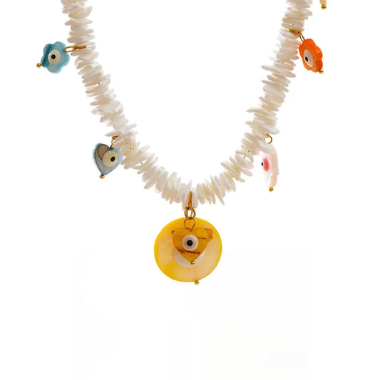 White shell chain round heart eye pendant necklace - product image
