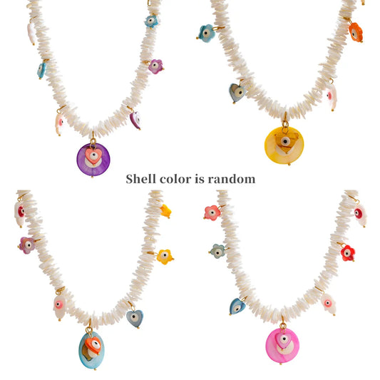 White shell chain round heart eye pendant necklace - product image