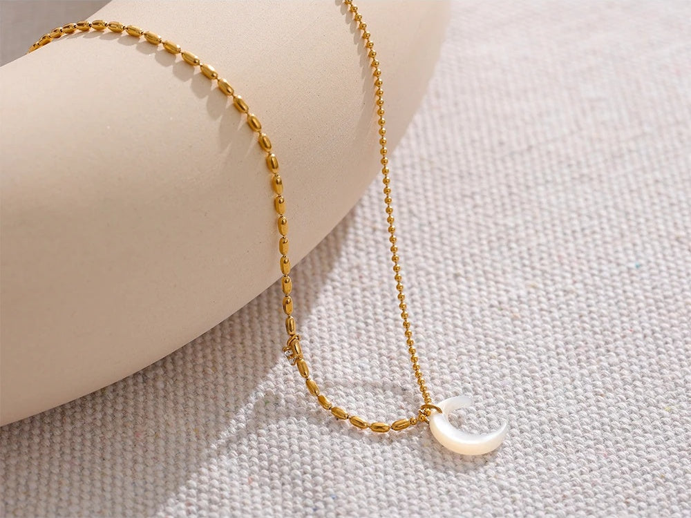 White shell moon pendant beads chain necklace - product image