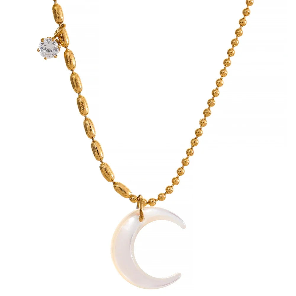 White shell moon pendant beads chain necklace - product image