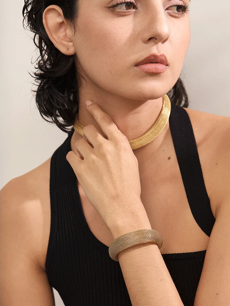 Wide collar metal necklace bracelet bangle set - product image