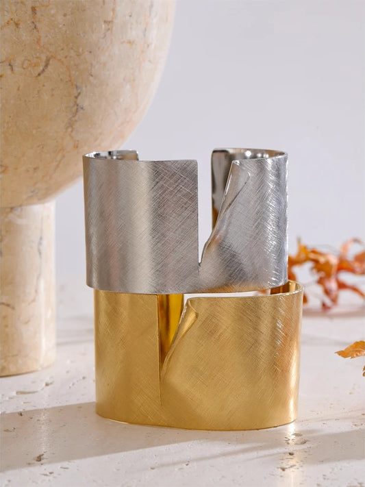 Wire drawing polished metal cuff bracelet - product image