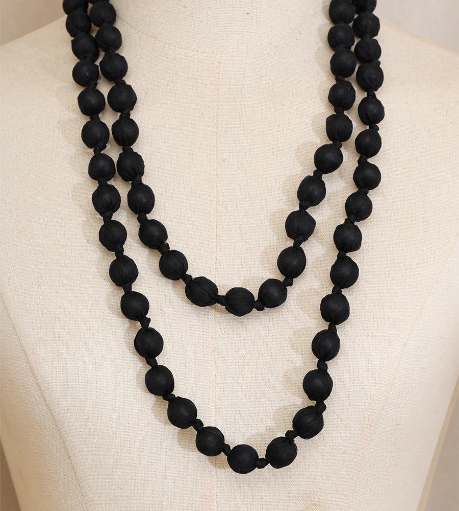 Wood fabric round beads long chain necklace - product image