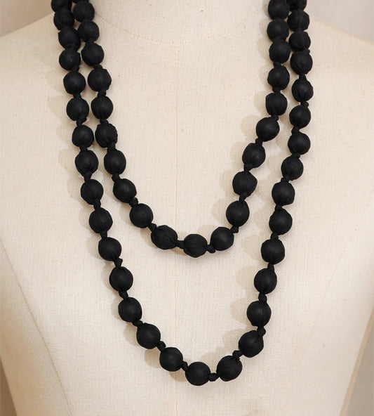 Wood fabric round beads long chain necklace - product image