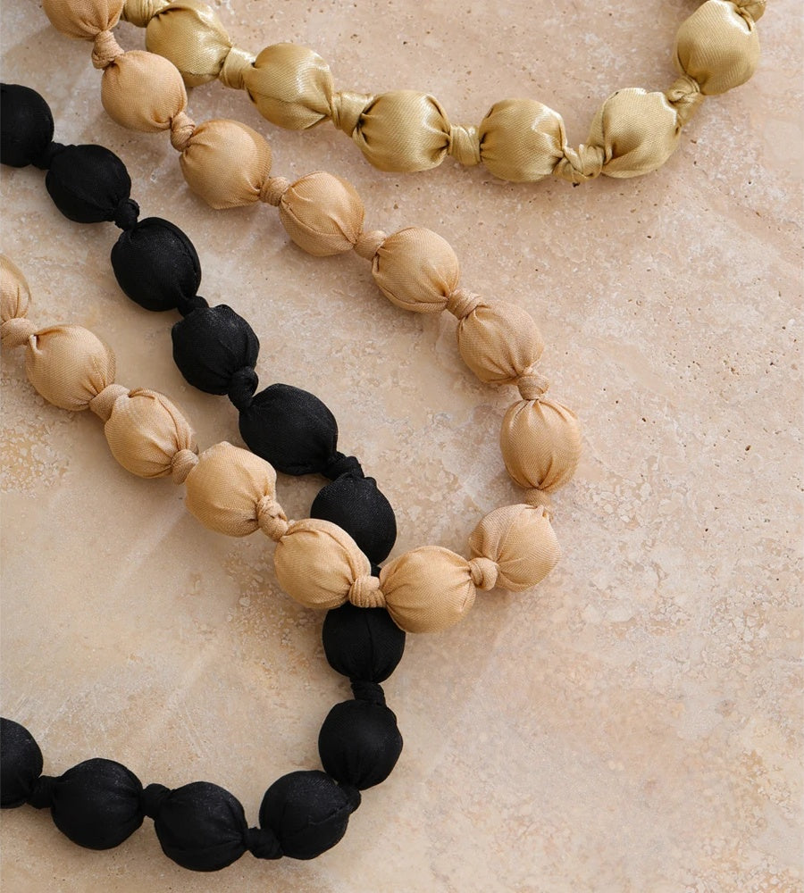 Wood fabric round beads long chain necklace - product image