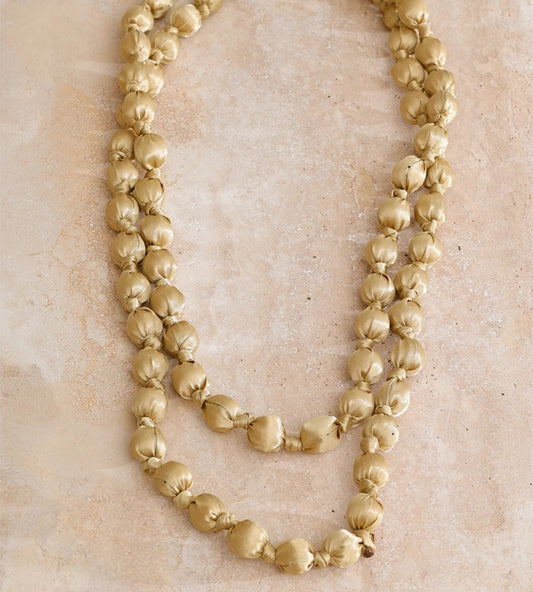 Wood fabric round beads long chain necklace - product image