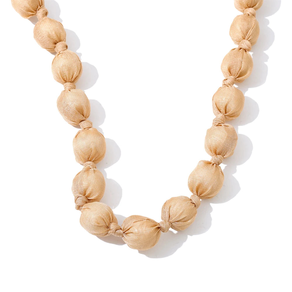 Wood fabric round beads long chain necklace - product image