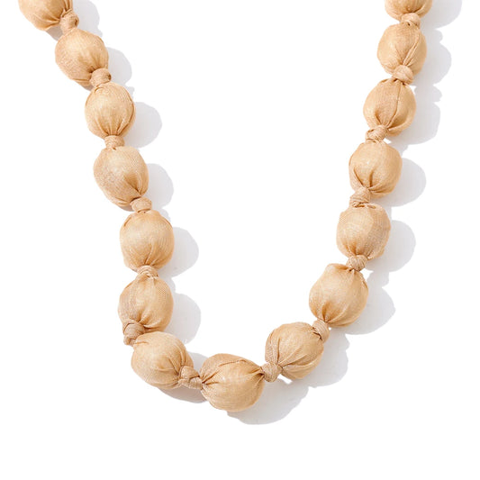 Wood fabric round beads long chain necklace - product image
