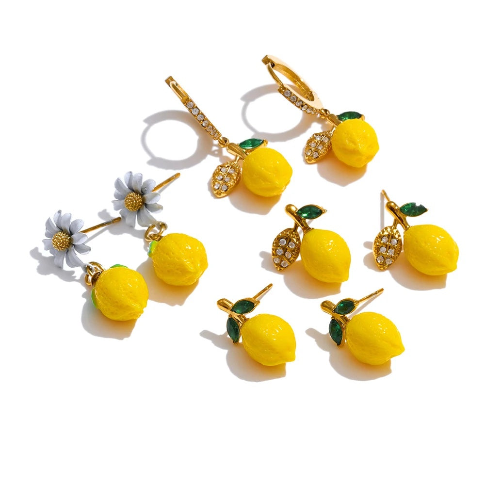 Yellow resin zirconia fruit lemon dangle earrings - product image