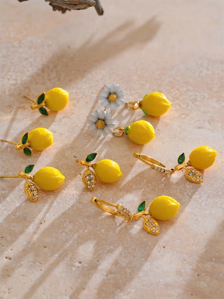 Yellow resin zirconia fruit lemon dangle earrings - product image