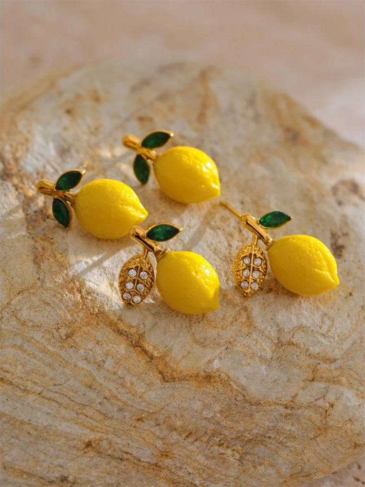 Yellow resin zirconia fruit lemon dangle earrings - product image