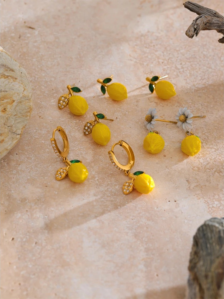 Yellow resin zirconia fruit lemon dangle earrings - product image