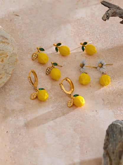 Yellow resin zirconia fruit lemon dangle earrings - product image