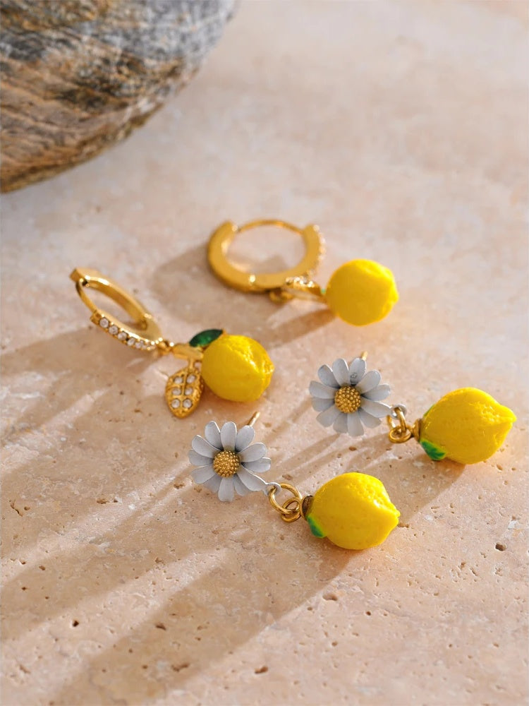 Yellow resin zirconia fruit lemon dangle earrings - product image