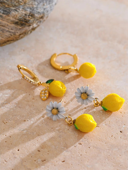 Yellow resin zirconia fruit lemon dangle earrings - product image