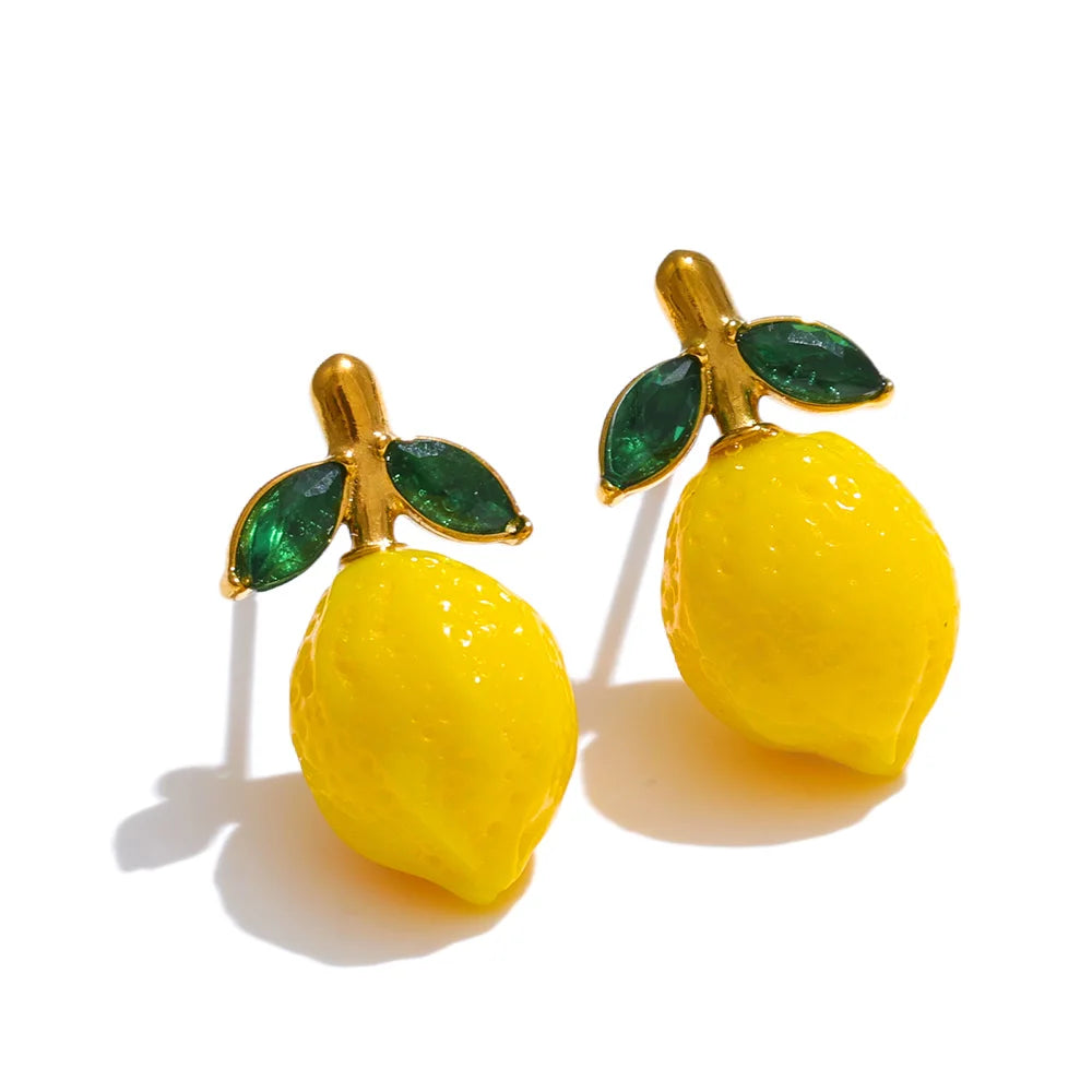 Yellow resin zirconia fruit lemon dangle earrings - product image