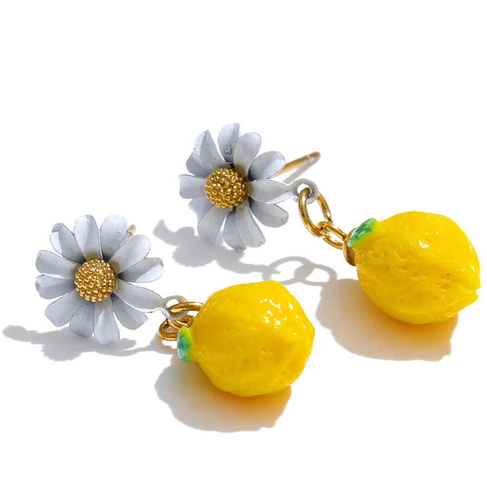 Yellow resin zirconia fruit lemon dangle earrings - product image