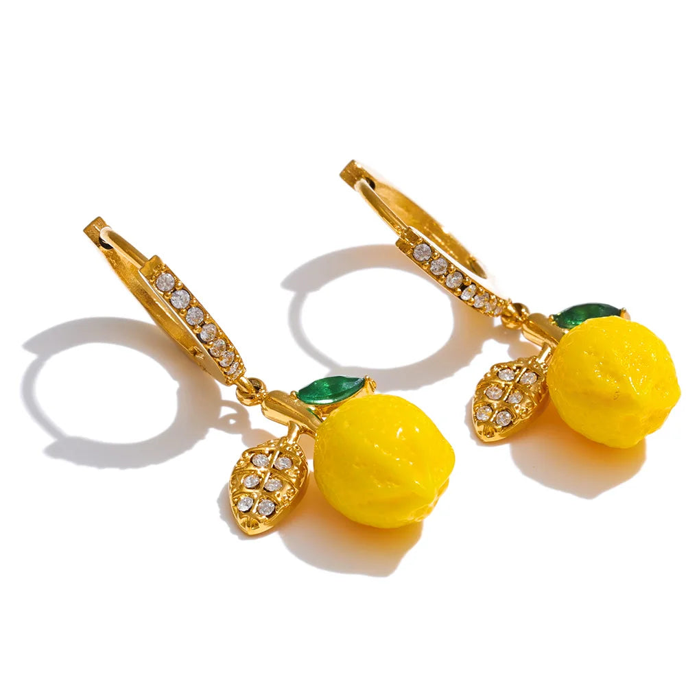 Yellow resin zirconia fruit lemon dangle earrings - product image