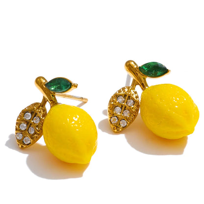 Yellow resin zirconia fruit lemon dangle earrings - product image