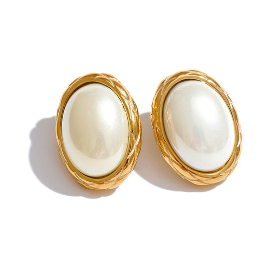 Yellow simulated pearl oval contemporary stud earrings - product image