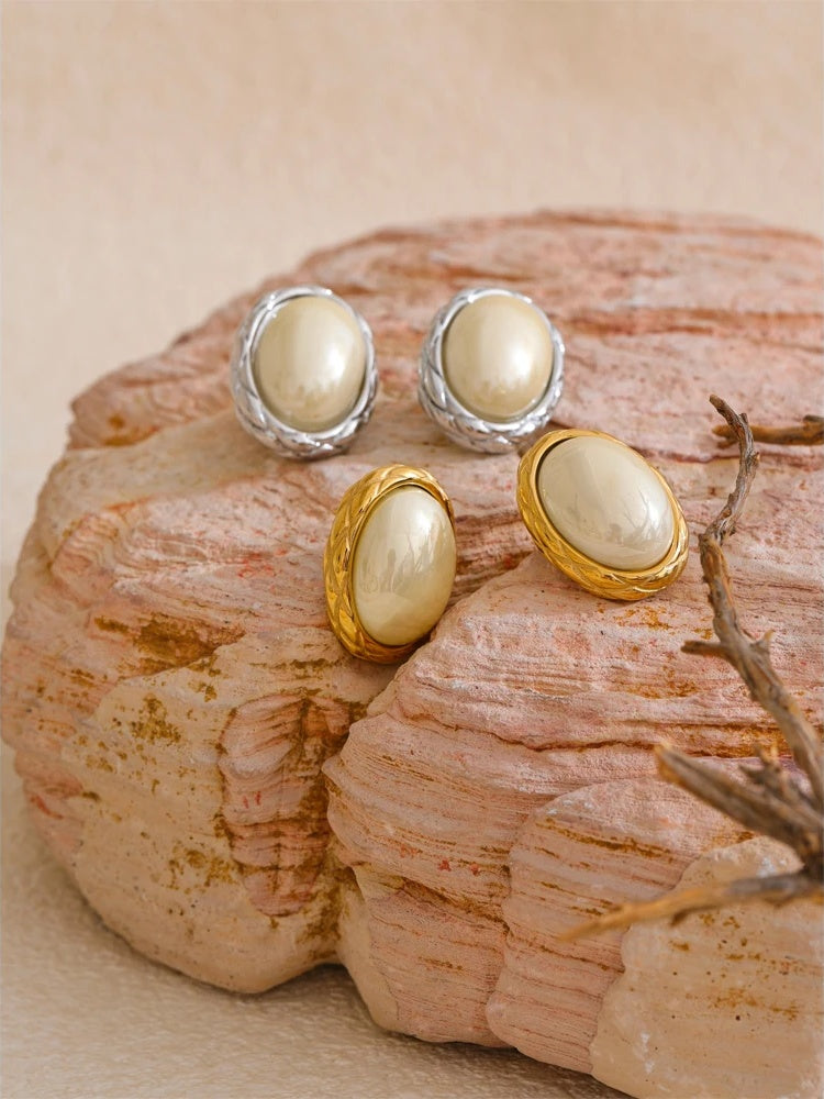 Yellow simulated pearl oval contemporary stud earrings - product image