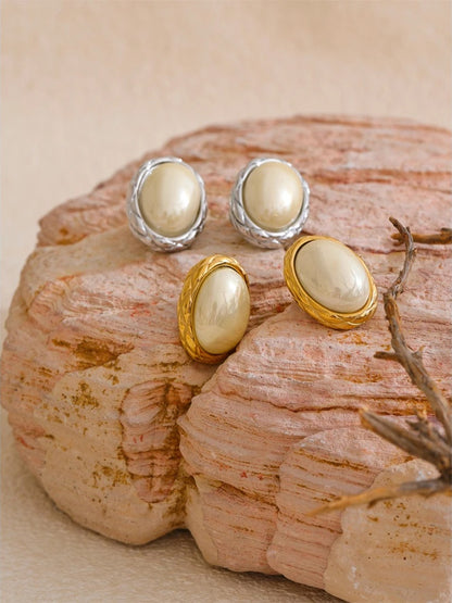 Yellow simulated pearl oval contemporary stud earrings - product image