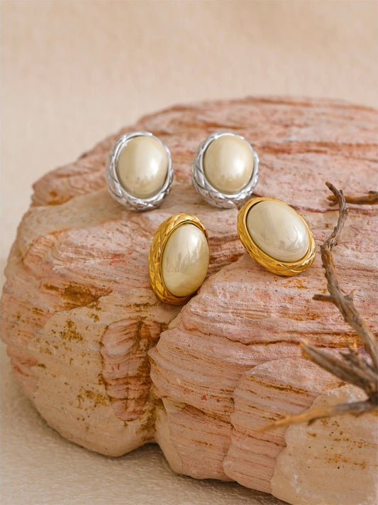 Yellow simulated pearl oval contemporary stud earrings - product image
