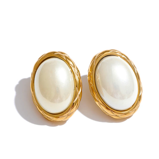 Yellow simulated pearl oval contemporary stud earrings - product image