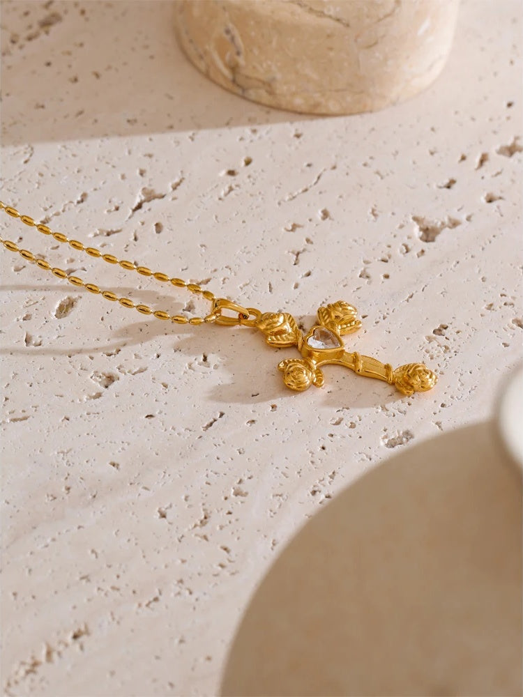 Zircon rose flower cross pendant necklace - product image