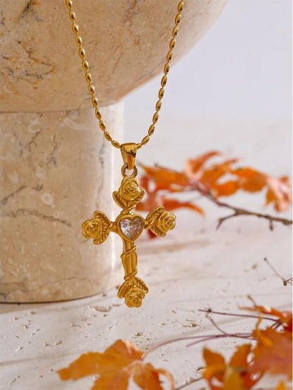 Zircon rose flower cross pendant necklace - product image