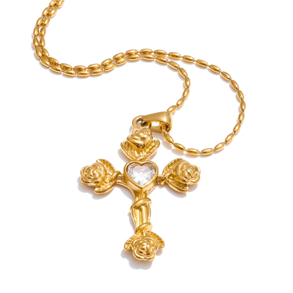 Zircon rose flower cross pendant necklace - product image