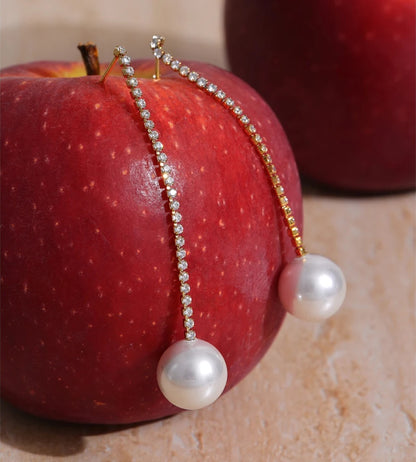 Zirconia chain drop simulated pearl round earrings - product image