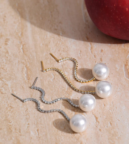 Zirconia chain drop simulated pearl round earrings - product image