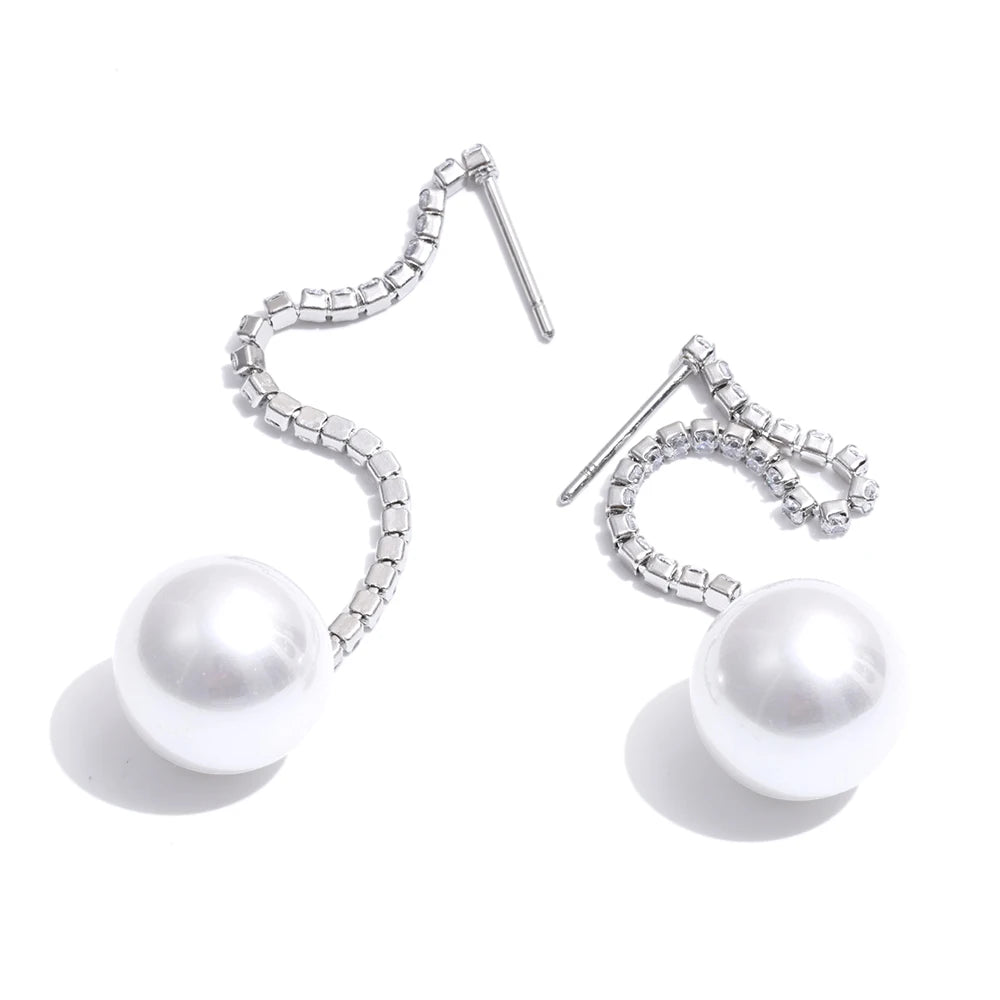 Zirconia chain drop simulated pearl round earrings - product image