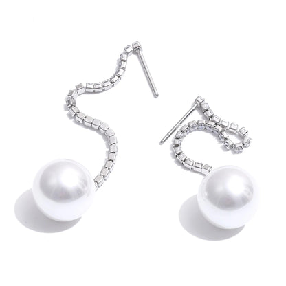 Zirconia chain drop simulated pearl round earrings - product image