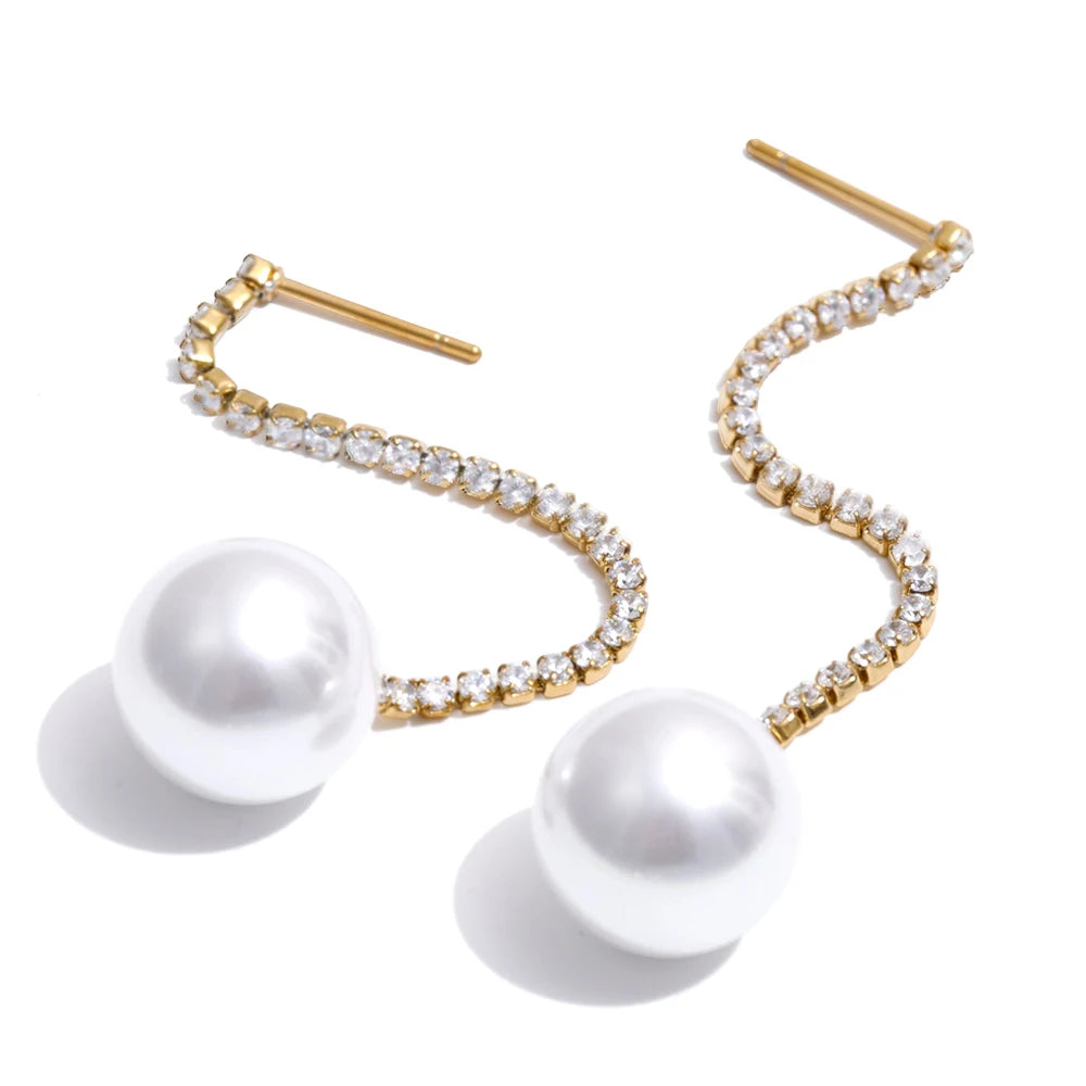Zirconia chain drop simulated pearl round earrings - product image