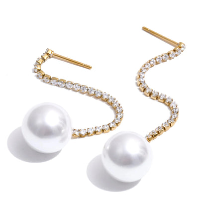 Zirconia chain drop simulated pearl round earrings - product image