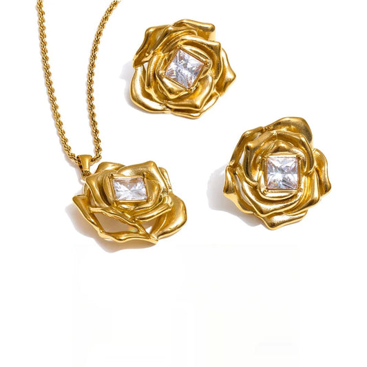 Zirconia flower pendant necklace earrings set - product image
