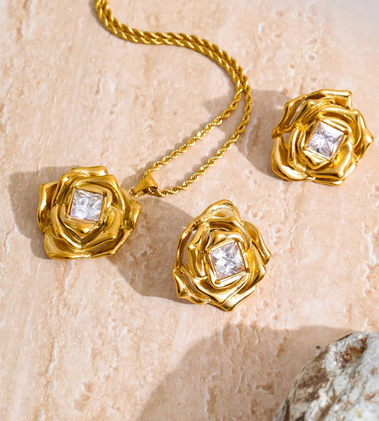 Zirconia flower pendant necklace earrings set - product image