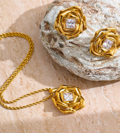 Zirconia flower pendant necklace earrings set - product image