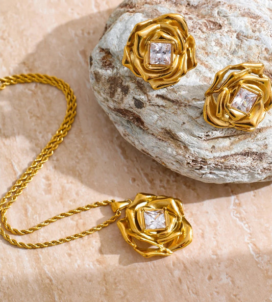 Zirconia flower pendant necklace earrings set - product image