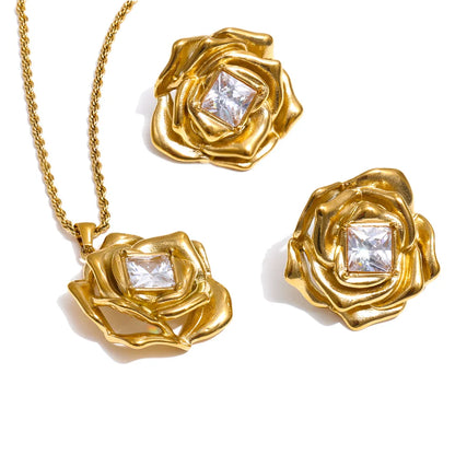 Zirconia flower pendant necklace earrings set - product image
