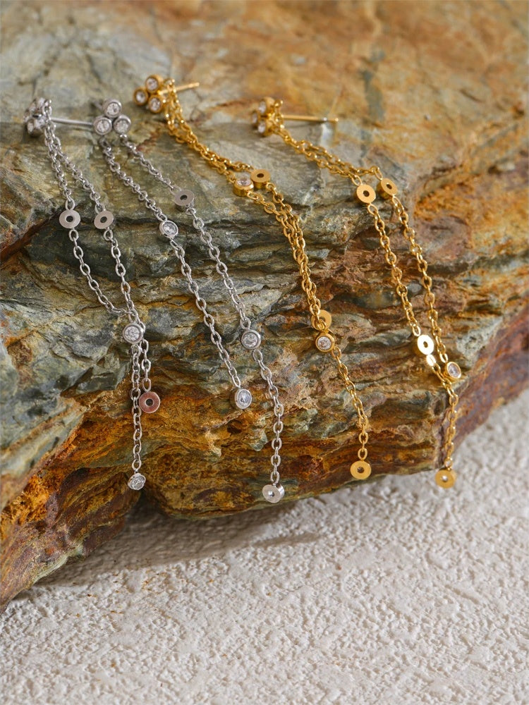 Zirconia long tassel hanging drop earrings - product image