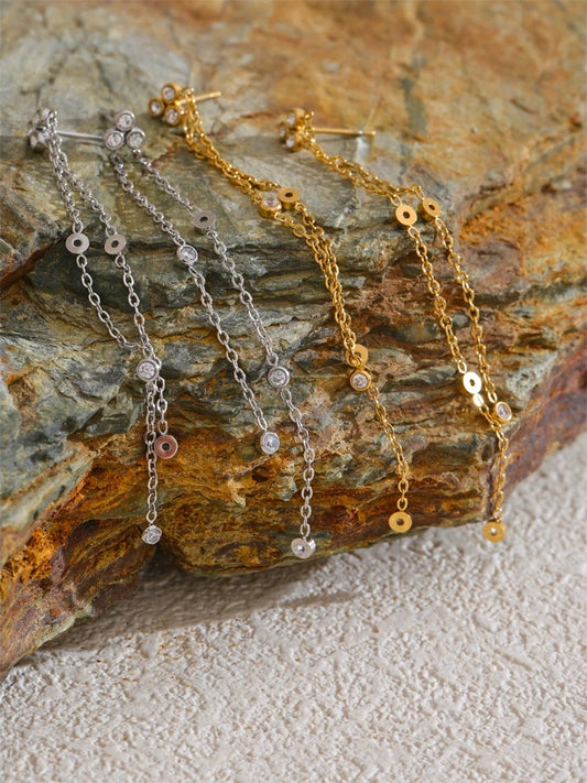 Zirconia long tassel hanging drop earrings - product image